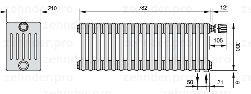 Схема (чертеж) Радиатор Zehnder Charleston 6030/17 №V002 Белый глянцевый RAL 9016